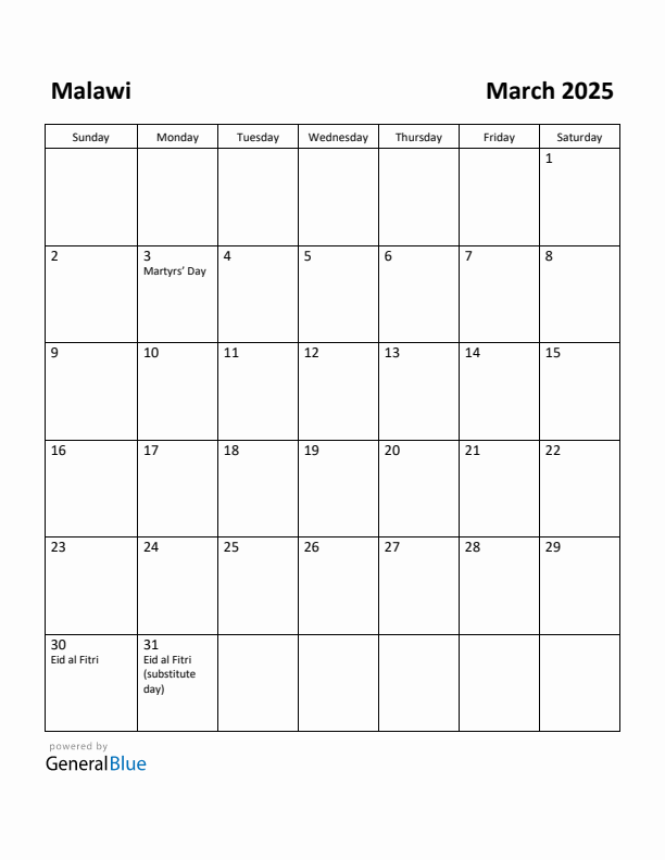 March 2025 Calendar with Malawi Holidays