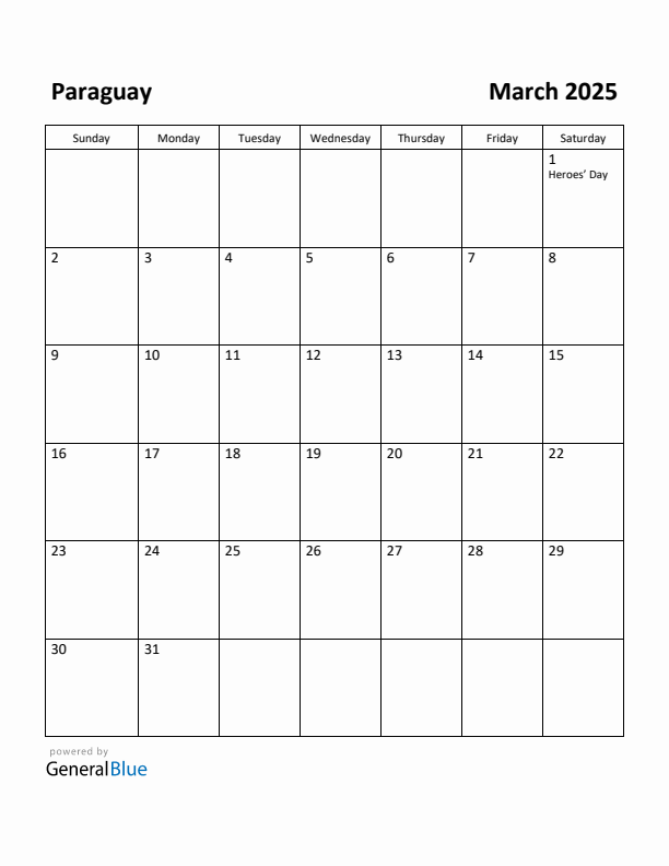 March 2025 Calendar with Paraguay Holidays