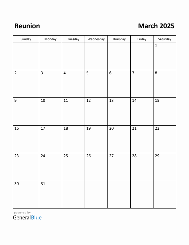 March 2025 Calendar with Reunion Holidays