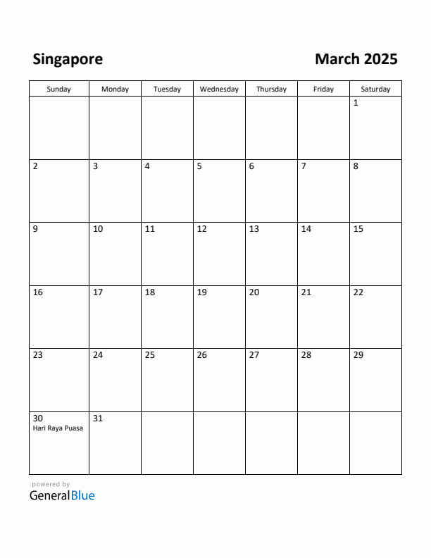 March 2025 Calendar with Singapore Holidays