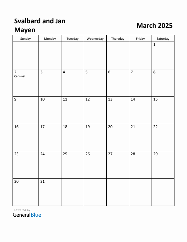 March 2025 Calendar with Svalbard and Jan Mayen Holidays