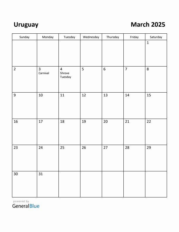 March 2025 Calendar with Uruguay Holidays