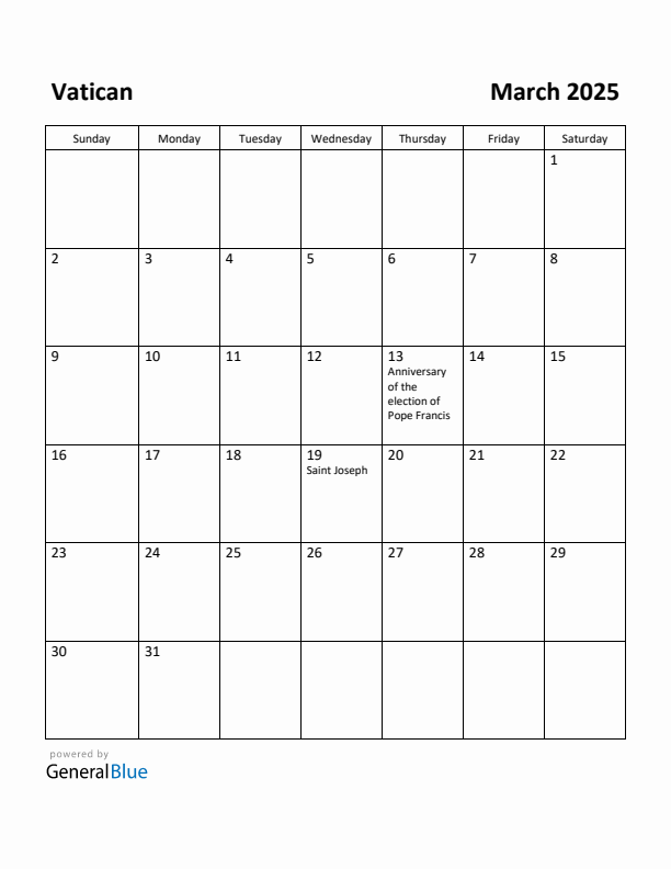 March 2025 Calendar with Vatican Holidays