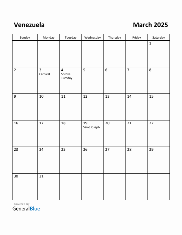 March 2025 Calendar with Venezuela Holidays