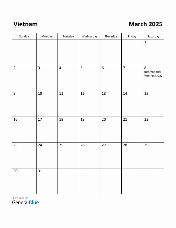 March 2025 Calendar with Vietnam Holidays