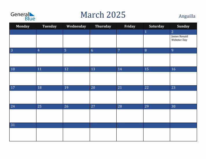 March 2025 Anguilla Calendar (Monday Start)