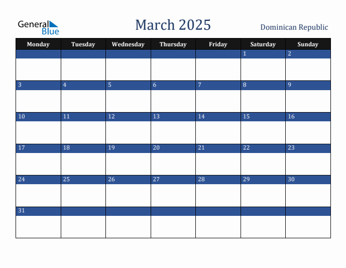 March 2025 Dominican Republic Calendar (Monday Start)