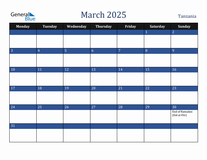 March 2025 Tanzania Calendar (Monday Start)