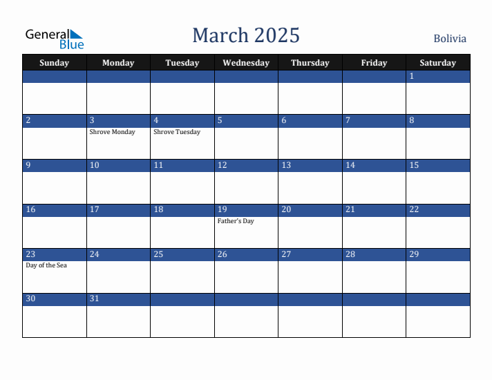 March 2025 Bolivia Calendar (Sunday Start)