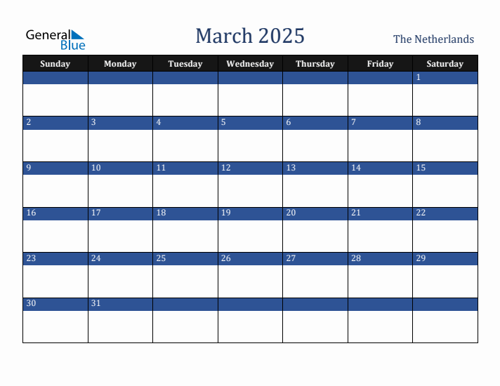 March 2025 The Netherlands Calendar (Sunday Start)