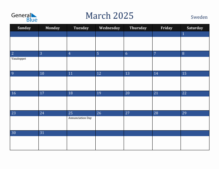 March 2025 Sweden Calendar (Sunday Start)