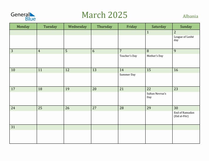 March 2025 Calendar with Albania Holidays