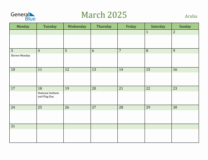 March 2025 Calendar with Aruba Holidays