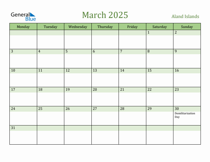 March 2025 Calendar with Aland Islands Holidays