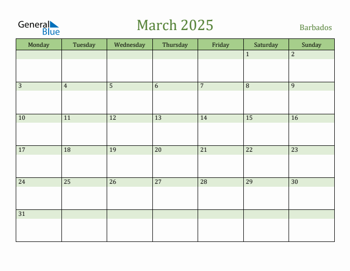 March 2025 Calendar with Barbados Holidays