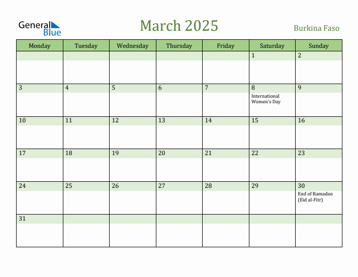 March 2025 Calendar with Burkina Faso Holidays