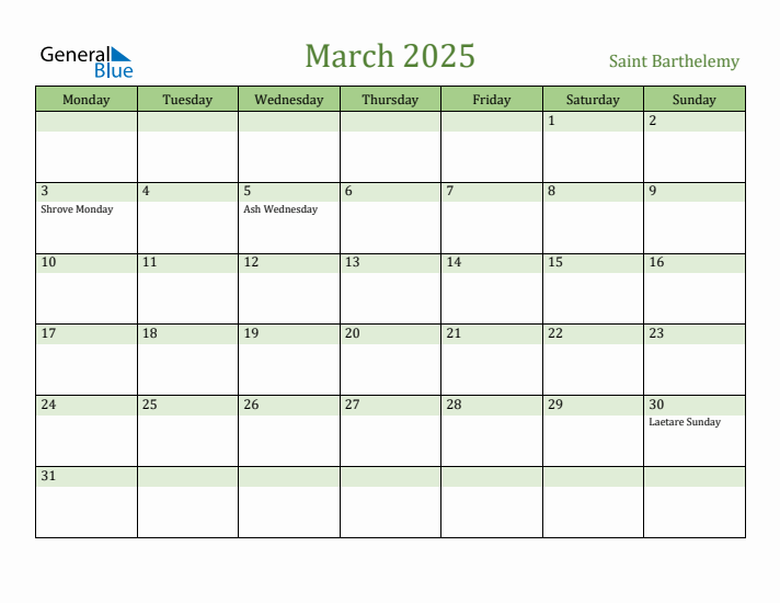 March 2025 Calendar with Saint Barthelemy Holidays