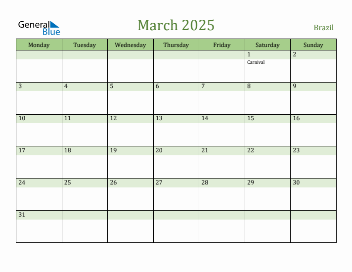 March 2025 Calendar with Brazil Holidays