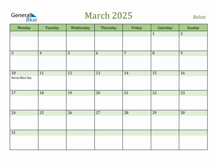 March 2025 Calendar with Belize Holidays