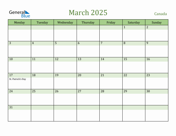 March 2025 Calendar with Canada Holidays