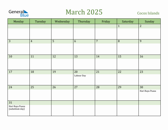 March 2025 Calendar with Cocos Islands Holidays