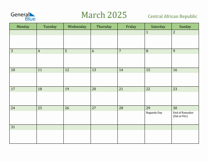 March 2025 Calendar with Central African Republic Holidays