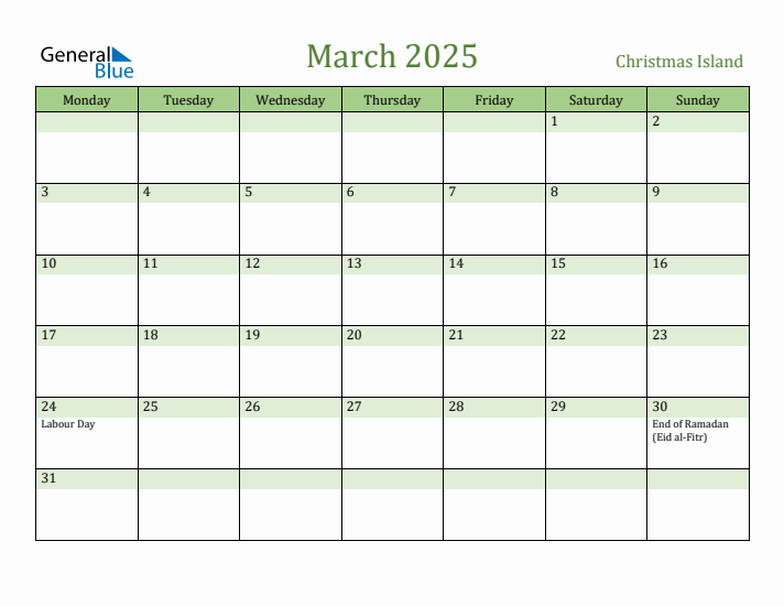 March 2025 Calendar with Christmas Island Holidays