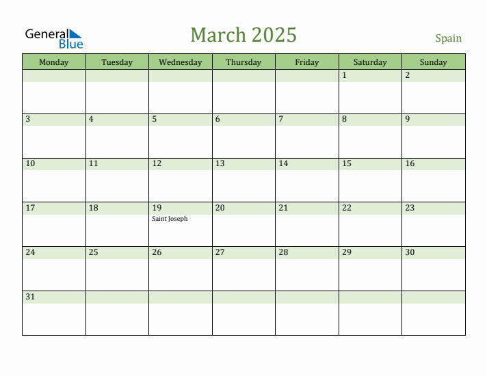 March 2025 Calendar with Spain Holidays