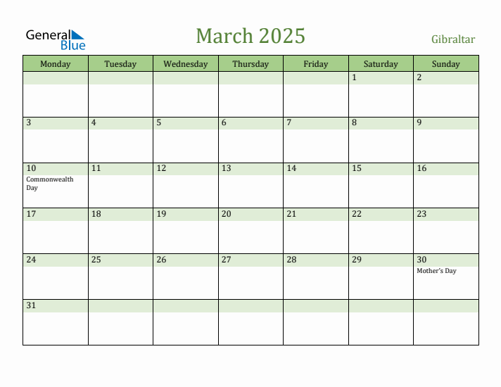 March 2025 Calendar with Gibraltar Holidays