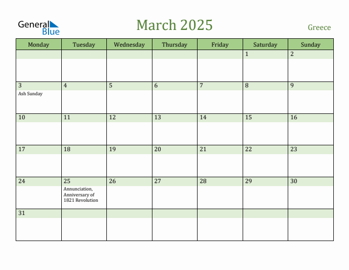 March 2025 Calendar with Greece Holidays