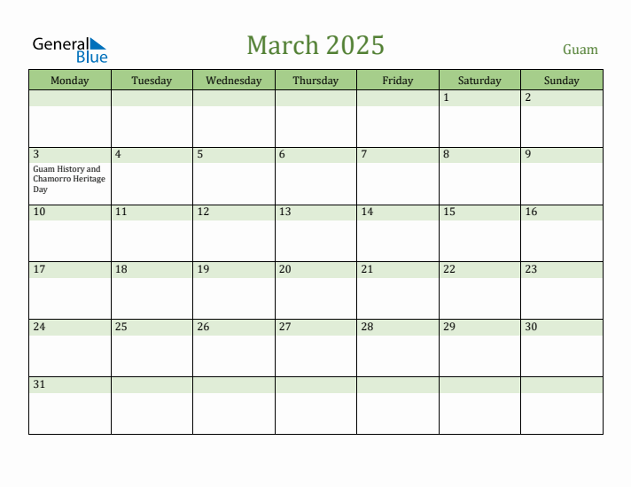 March 2025 Calendar with Guam Holidays