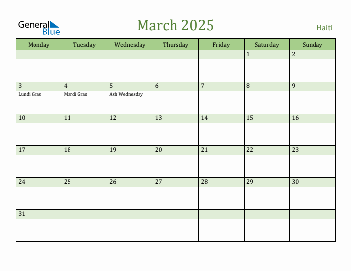 March 2025 Calendar with Haiti Holidays