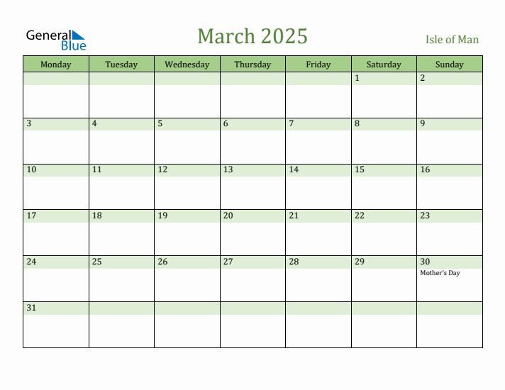 March 2025 Calendar with Isle of Man Holidays