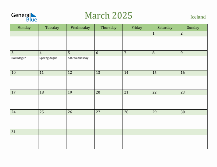 March 2025 Calendar with Iceland Holidays