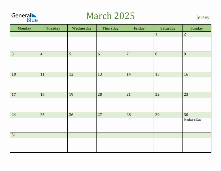 March 2025 Calendar with Jersey Holidays