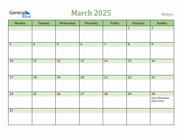 March 2025 Calendar with Kenya Holidays