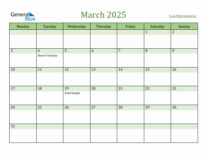 March 2025 Calendar with Liechtenstein Holidays