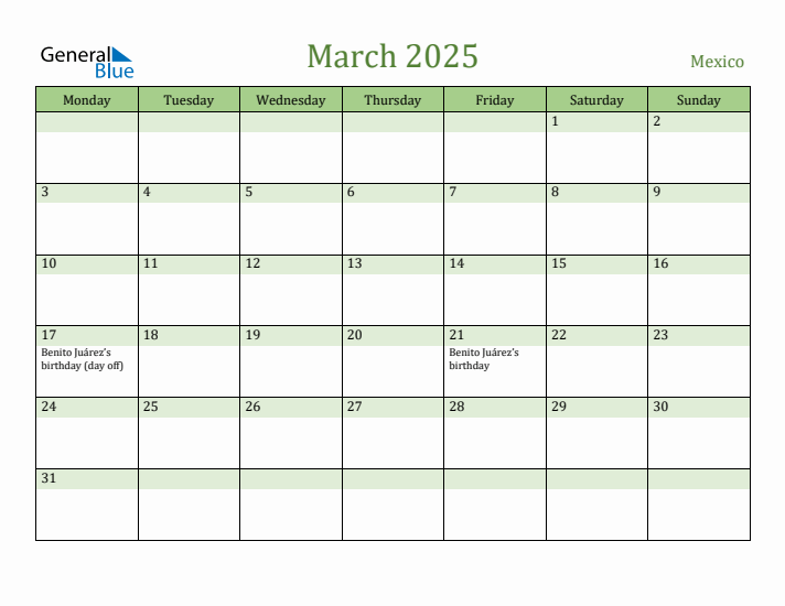 March 2025 Calendar with Mexico Holidays