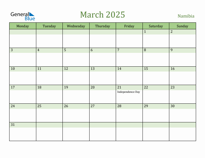 March 2025 Calendar with Namibia Holidays