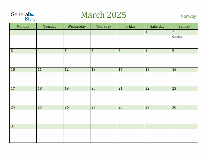 March 2025 Calendar with Norway Holidays