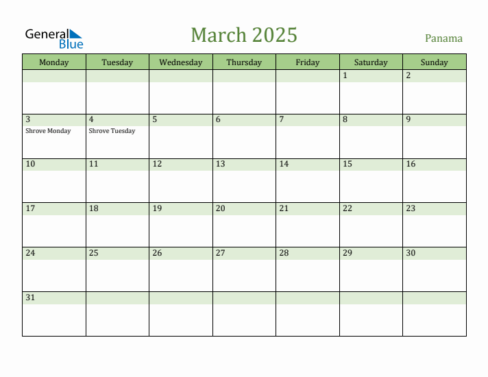 March 2025 Calendar with Panama Holidays