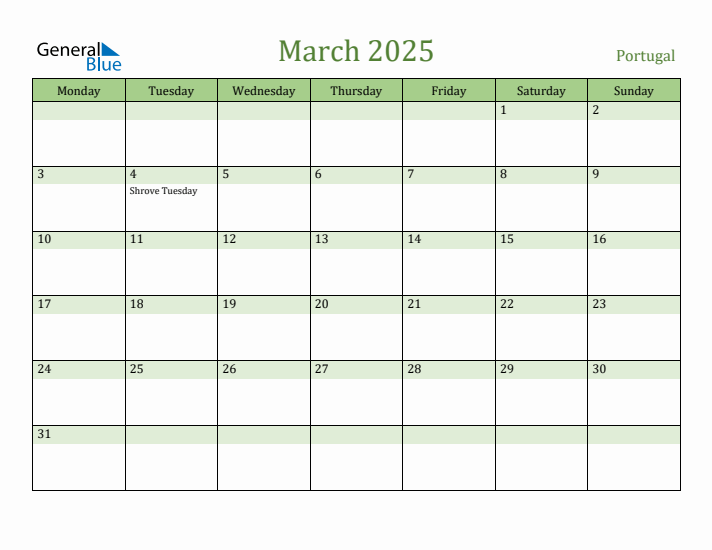 March 2025 Calendar with Portugal Holidays