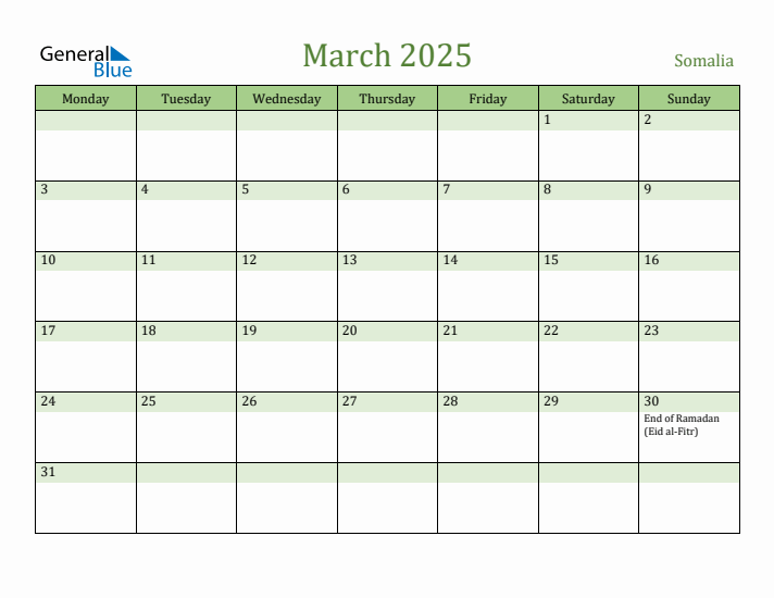 March 2025 Calendar with Somalia Holidays