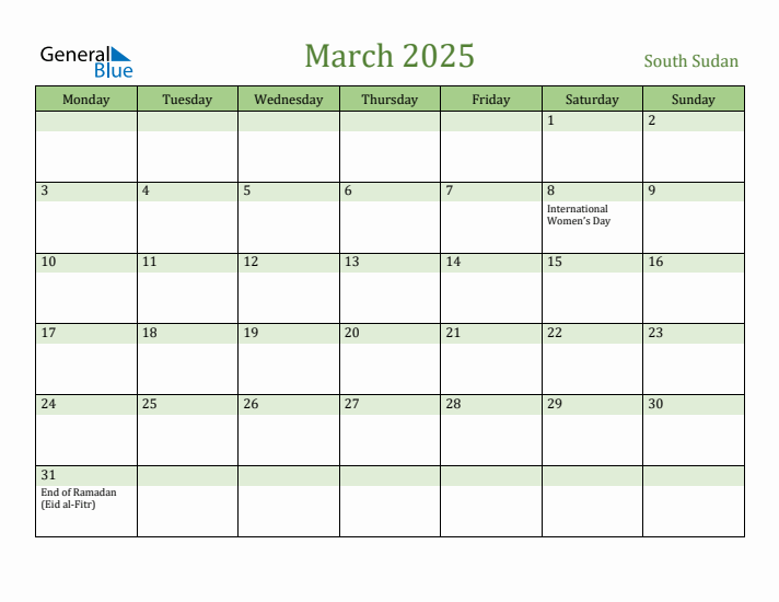 March 2025 Calendar with South Sudan Holidays