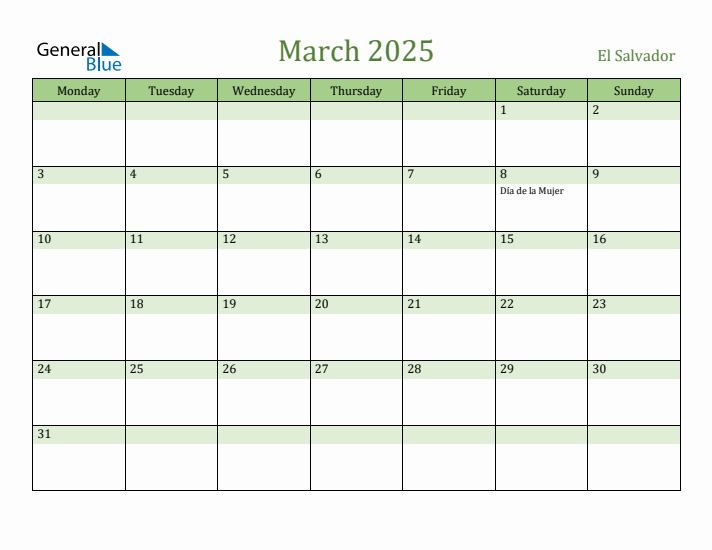 March 2025 Calendar with El Salvador Holidays