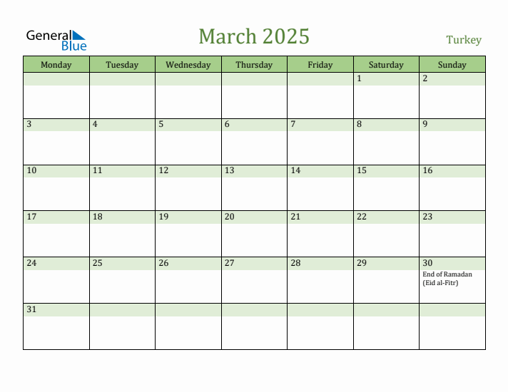 March 2025 Calendar with Turkey Holidays