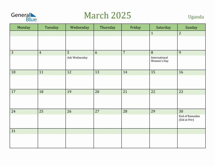 March 2025 Calendar with Uganda Holidays