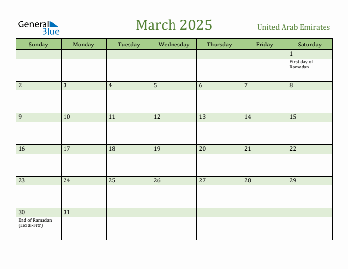 March 2025 Calendar with United Arab Emirates Holidays