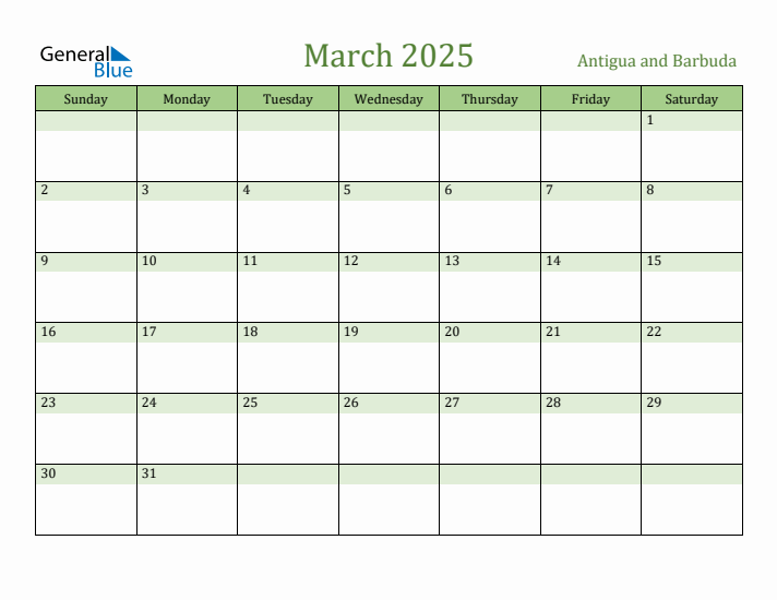 March 2025 Calendar with Antigua and Barbuda Holidays