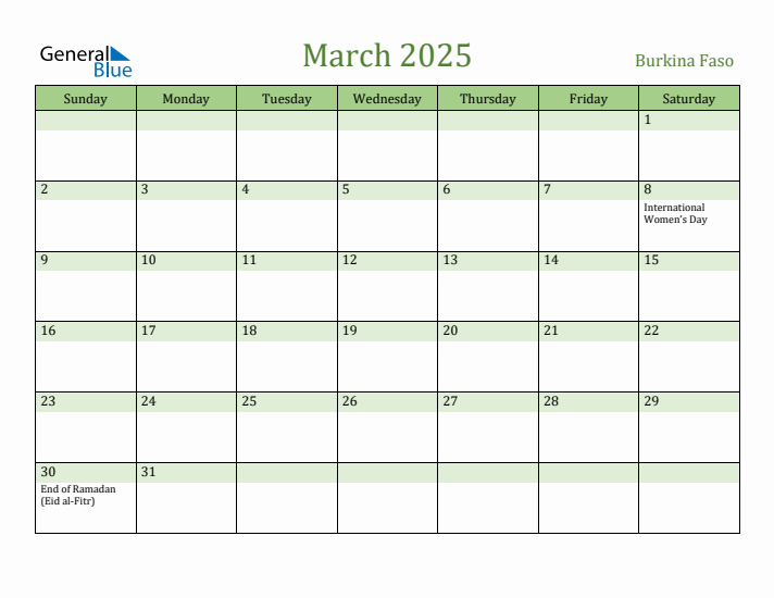 March 2025 Calendar with Burkina Faso Holidays